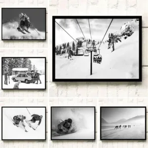 Black And White Winter Skiing Canvas Painting Ski Resort Sports Poster Skier Wall Art Print Nordic Picture For Living Room Decor