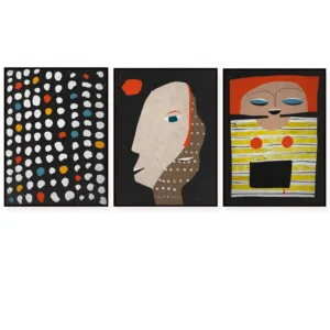 Love Couple Boho Decoration Set, African Art Abstract Face, Yellow Orange Black Graphic Art, African Motivation Concept Triptych