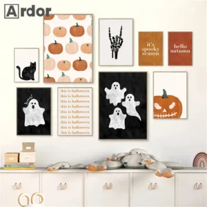 Hello Halloween Black Cat Skeleton Ghost Canvas Painting Pumpkin Wall Art Print Nordic Poster Wall Pictures Kids Room Decoration