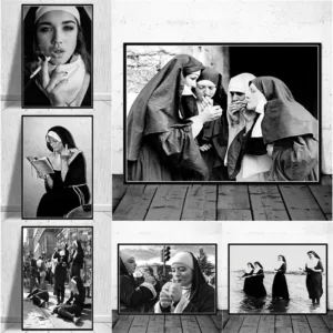 Smoking Sexy Nun Painting Poster Vintage Photo Black and White Wall Art Canvas Printings Funny Bad Girl Retro Prints Home Dec