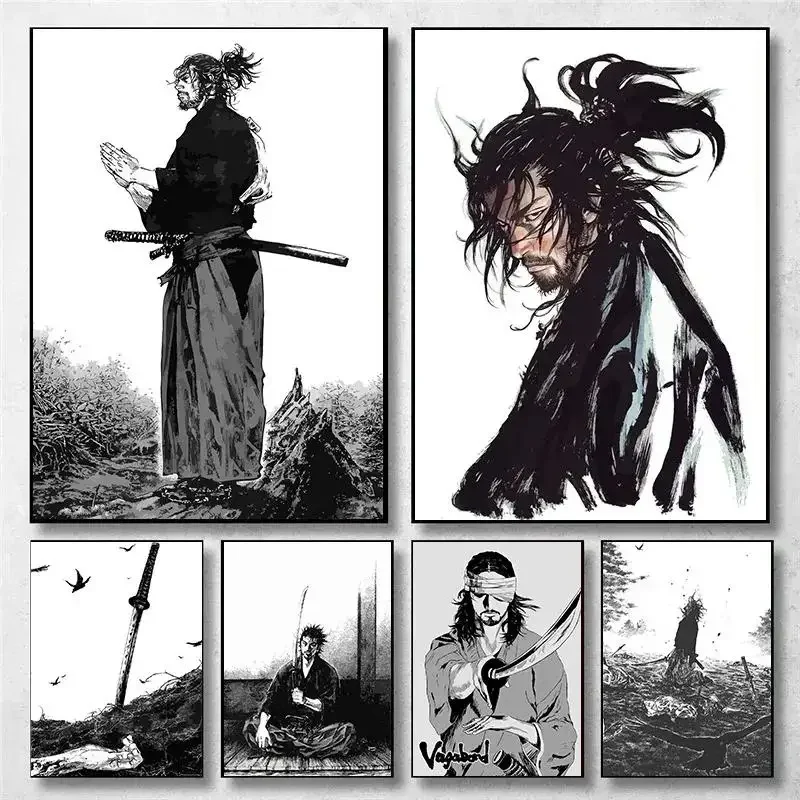 Vintage Japanese Anime Wall Art Miyamoto Musashi Vagabond Bushido Warrior Poster Canvas Painting Perfect Home Decor for Manga E