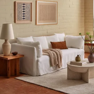 Wabi Sabi style linen all inclusive set straight sofa with off white skirt and washable fabric for three people living room sofa