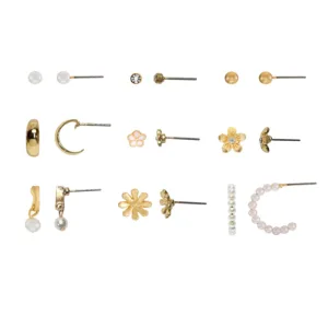 Time and Tru Womens Gold Mini Stud and Hoop Earring Collection, Flower Motif, 9 Pairs