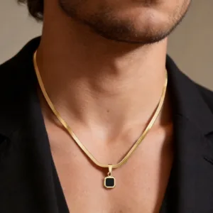 Vnox Geometric Square Natural Stone Pendant Necklace for Men, Gold Silver Color Stainless Steel Blade Chain, Trendy Jewelry Gift