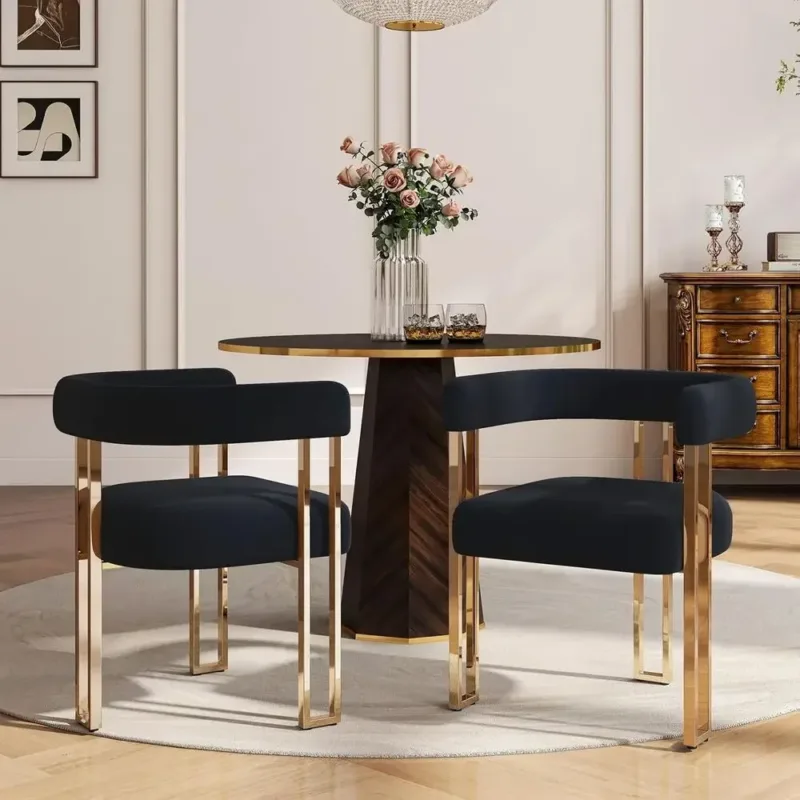 Velvet Upholstered Dining Chairs Set of 2 with Gold Legs and Armrests, Curved Backrest for Kitchen or Living Room