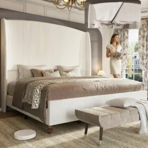 65.7" Tall Headboard King Size Upholstered Bed Frame with Wingback, Soft Washable Corduroy Beds Cover,Solid Wood Legs,Noise-Free