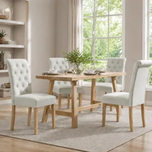 Beige Button Tufted High Back Modern Parson Dining Chair Set of 4 with Fabric Upholstery for Dining Room