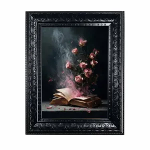 Framed Canvas Wall Art Dark Academia Open Book Pink Roses Print, Moody Gothic Vintage Floral Oil Painting for Room Decor