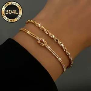 2pcs 18K Gold Plated Stainless Steel Bracelets Waterproof NonTarnish Stackable Layered Elegant Daily Party Holiday Gift