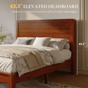 Bamboo Platform Bed King Japanese Joinery Wood Frame Warm Brown, Customized
