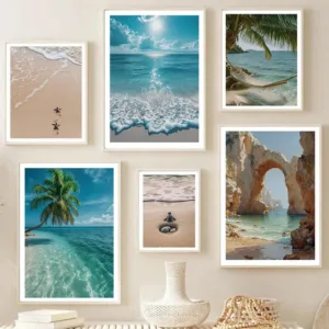 Beach Turtle Ocean Waves Palm Beach Landscape Poster Print Canvas Painting Nordic Wall Art Pictures Living Room Home Decor