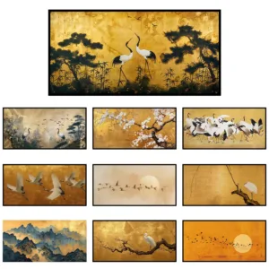 Bamboo and Crane Landscape Canvas Painting Japanese Gold Minimalist Canvas Art Prints Full Moon and Birds Wall Art Poster