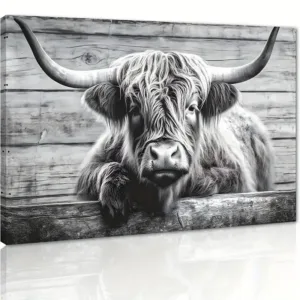 Cute Highland Cow Wall Art Pasture Hairy Cow Animal Pictures Canvas Prints Vintage Wooden Panel Background Black And White Co