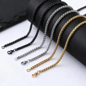 Stainless Steel Wheat Chain Necklace for Men Boys,3mm Silver Gold Black Color Chain Link Collars,Rock Punk Jewelry Gift