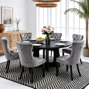 7-Piece Round Dining Table Set for 6, 47" Black Farmhouse Kitchen Table with 6 Gray Velvet Tufted Chairs, Modern Circle, Custom