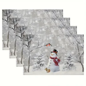 4pcs Winter Placemat Set, Grey‑White Snowflake Red‑Check Snowman Print, Machine‑Washable for Xmas New Year Dining Table Decor