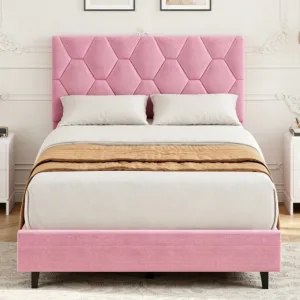 Twin Bed Frames with Upholstered Adjustable Headboard, Pink | Platform Bed Frame, Bed Base with Strong Wooden Slats Support, No Box Spring Needed, Noise Free, Easy Assembly, Bedroom