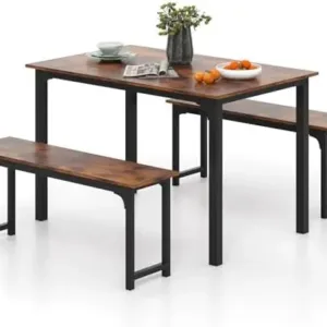 3-Piece Dining Table Set with Bench, Rectangular Kitchen Table with 2 Benches, Metal Frame, Space-Saving Furniture