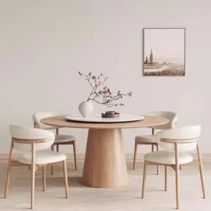 for French Cream Style Solid Ash Wood Round Slate Dining Table Set with Chairs for Small Apartment Household Use