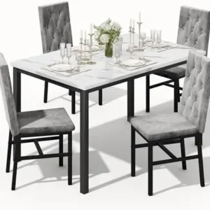 Dining Table Set for 4, Faux Marble Small Kitchen Table Chairs Set of 4 with Luxurious Button Tufted Dinner Chairs for