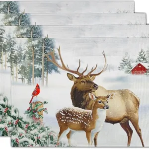 Winter Deer Placemats12x18 Inch Christmas Reindeer Elk Moose Xmas Trees Snow Wildlife Table Mats Kitchen Dining Party Decor