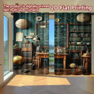 2D flat printing 2pcs Party Curtain Vintage Study Room Digital Printed Polyester Drapes All Season Party & Holiday Decor Perfect