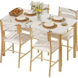 Dining Table Set or 4, White & Gold | Wood Kitchen Table with Upholstered Chairs or Kitchen Room and Small Spaces