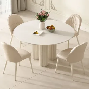 Cream wind rock slab round dining table light luxury modern simple pure white French minimalist dining table household small apa