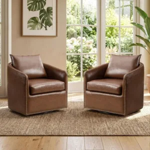 360 Degree Swivel Accent Chair Set o Two with Plump Back Pillow, Waterproo Oil Waxed PU Leather Swivel Armchair with Rivets, Com