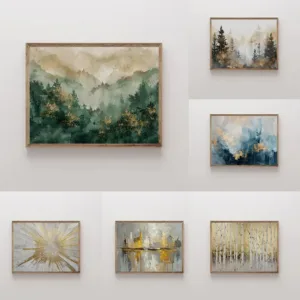 Watercolor Abstract Green&Gold Mountain Forest Geometric Landscape Poster Canvas Painting Wall Art Pictures Home Decor