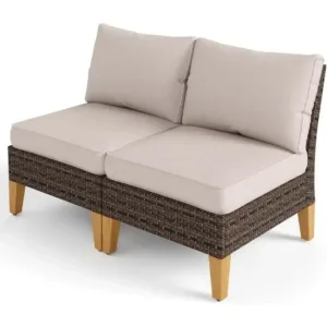 2-Piece Wicker Outdoor Patio Sofa Set with Beige Cushions for Garden, Poolside, Backyard