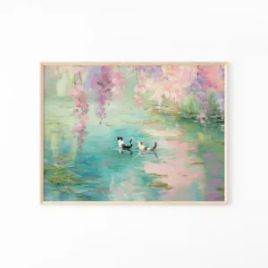 Whimsical Monet Style Cats Wall Print Decor - Dreamy Impressionist Oil Painting of Two Cats Wading in a Water Lily Pond, Inspire