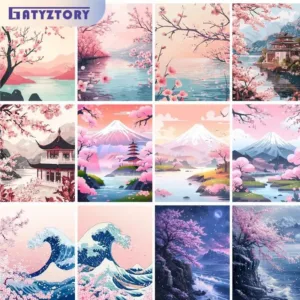 GATYZTORY Scenery Painting By Numbers Oil HandPainted Acrylic Paint Sakura Pagoda Home Decors Adults Crafts On Canvas DIY Gift