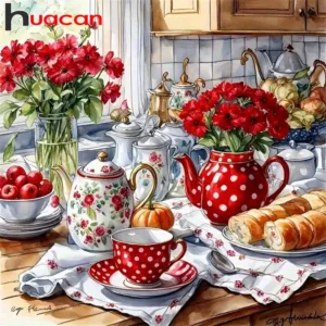 Huacan Kitchen Landscape Diamond Painting 5D Teapot With Flowers Rhinestones Mosaic Art Bread Decorative Paintings