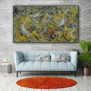 Abstract Acrylic painting, Jackson Pollock style, yellow black white color Splash and Artabstract oil abstrac contemporary art