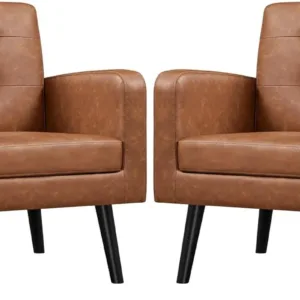 Mid-Century Accent Chairs, PU Leather Modern Upholstered Living Room Chair, Cozy Armchair Button Tufted Back