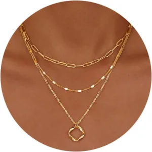 Layered 14K Gold Plated Necklaces for Women Stackable Silver Plated Circle Paperclip Chain Pendant Choker Necklace Set For Woman