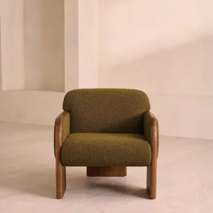 Nordic medieval style olive green lamb wool single seat leisure chair solid wood curved wood armchair living room furniture