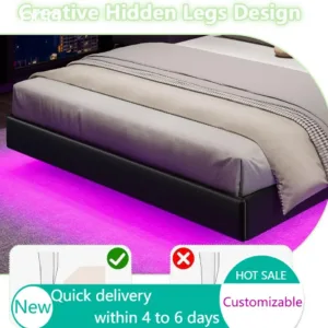 Queen Floating Bed Frame with LED Lights, Upholstered Platform, Storage, No Box Spring