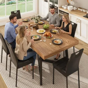 7 Pcs 71 inch Farmhouse Dining Table Set for 6, Walnut Brown Kitchen