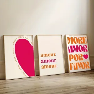 3pcs/Set Amor Por Favor Offer Canvas Print Pink Orange Heart-shaped Pattern Wall Art Poster for Home Decor Valentine's Day Gifts