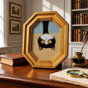 Vintage Octagonal Gold Frame Black White Cat Wall Decor, 2-in-1 Wall Mount & Tabletop Cute Kitten Painting