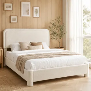 MCQ Bed Frame with Adjustable Teddy Fleece Headboard No Box Spring Required Wooden Slats Support Easy Assembly Noise Free For Home Bedroom