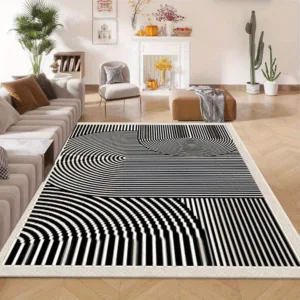 Black White Optical Illusion Geometric Line Area Rug Modern Abstract Curved Strip Floor Mat for Home Living Room