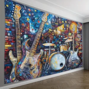 Abstract Music Band Tapestry Wall Hanging Rock Guitar Drum Canvas Art Decor for Living Room Bedroom Musician Gift