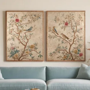 Two Chinese-Style Flower-and-Bird Paintings in Neutral Tones: Two Vintage Printed Canvas Paintings, Posters of Asian Silk Textil