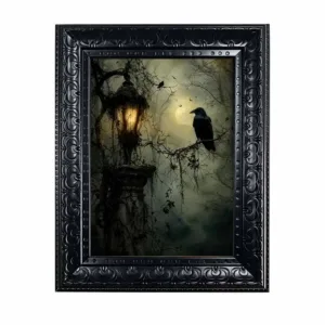 Halloween Wall Art, Framed Canvas Wall Art Gothic Crow Vintage Lantern Print for Dark Academia Spooky Moody Home Decor