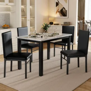 5 Piece Dining Table Set for 4, Compact Kitchen Table and Chairs Set of 4 with Faux Marble Top & Sturdy Metal Frame, Modern Dinn