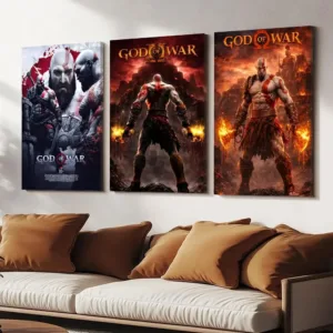 Cartoon G-God Of War Framed Wall Painting Wood Framed Canvas Poster HD Wall Art For Bedroom Hallway Bar Office Home Decor