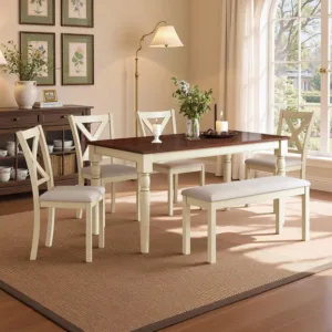 6 Piece Solid Wood Dining Table Set with 60" Farmhouse Table | Solid Wood Table, 4 Upholstered Chairs, Bench Included,, Custom